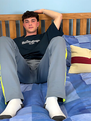 Young Straight Louis gets Massaged & his Uncut Cock Explodes Cum all over Himself!